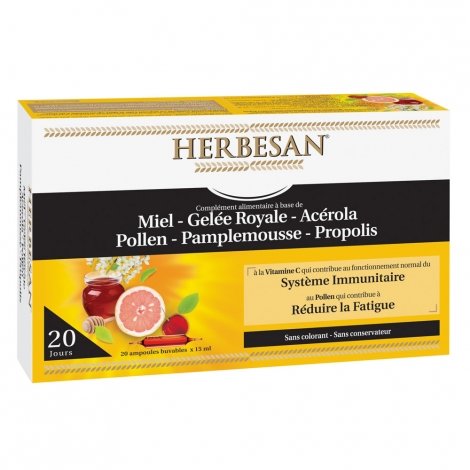 Herbesan Miel + Gelée Royale + Acérola + Pollen + Pamplemousse + Propolis 20 ampoules de 15ml  pas cher, discount