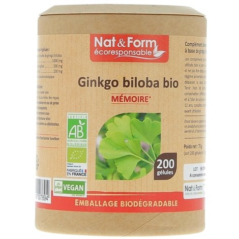 Nat & Form Ecoresponsable Ginkgo Biloba Mémoire Bio 200 gélules pas cher, discount