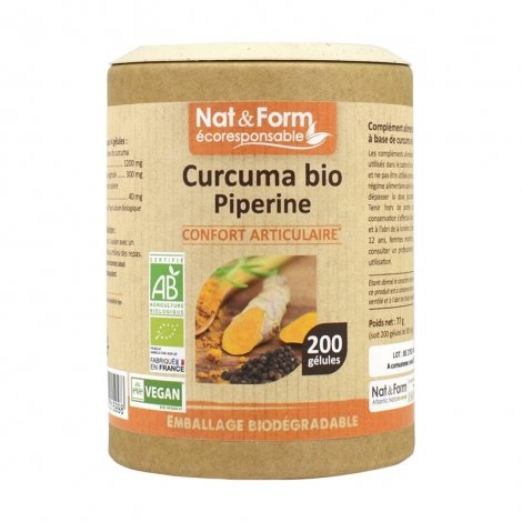 Nat & Form Ecoresponsable Curcuma Pipérine Confort Articulaire Bio 200 gélules pas cher, discount
