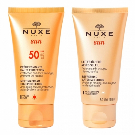Nuxe Sun Crème Fondante Haute Protection SPF50 50ml + Lait Fraîcheur Après-Soleil 50ml offert pas cher, discount