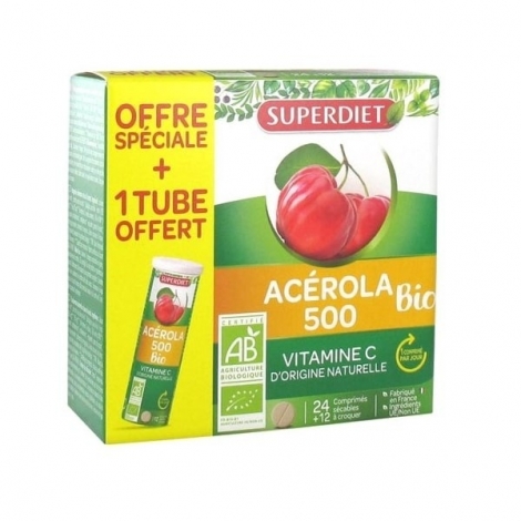 Superdiet Acérola 500 Bio 24+12 comprimés Offre Spéciale pas cher, discount