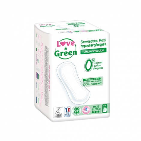 Love & Green Serviettes Hypoallergéniques Anti-Irritation Maxi Super 14 pièces pas cher, discount