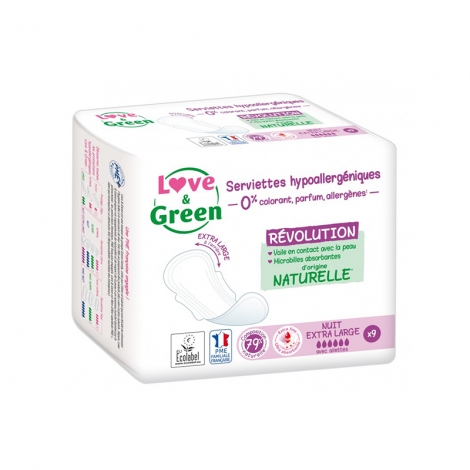 Love & Green Serviettes Hypoallergéniques Nuit Extra Large 9 pièces pas cher, discount