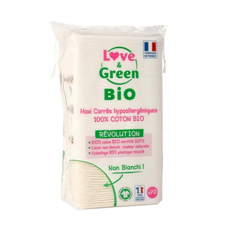 Love & Green Cotons Maxi Carrés Hypoallergéniques Bio 70 pièces pas cher, discount