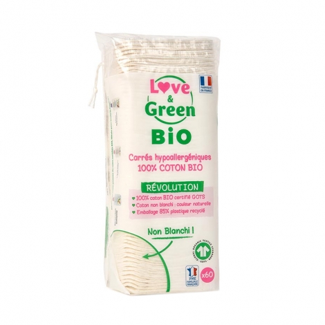 Love & Green Cotons Carrés Hypoallergéniquees Bio 60 pièces pas cher, discount