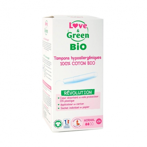 Love & Green Tampons Hypoallerngéniques avec Applicateur Normal Bio 16 pièces pas cher, discount