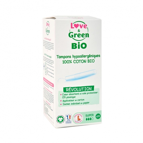 Love & Green Tampons Hypoallergéniques avec Applicateur Super Bio 14 pièces pas cher, discount