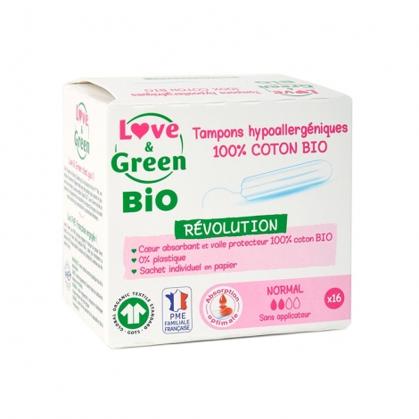 Love & Green Tampons Hypoallergéniques Révolution Normal Bio 16 pièces pas cher, discount