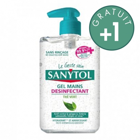 Sanytol Pack Gel Mains Désinfectant Thé Vert 250ml + 1 gratuit pas cher, discount
